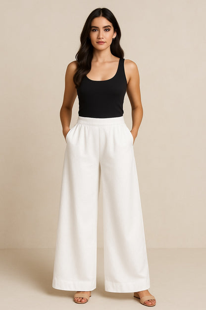 White Cotton Flared Pants with Pockets