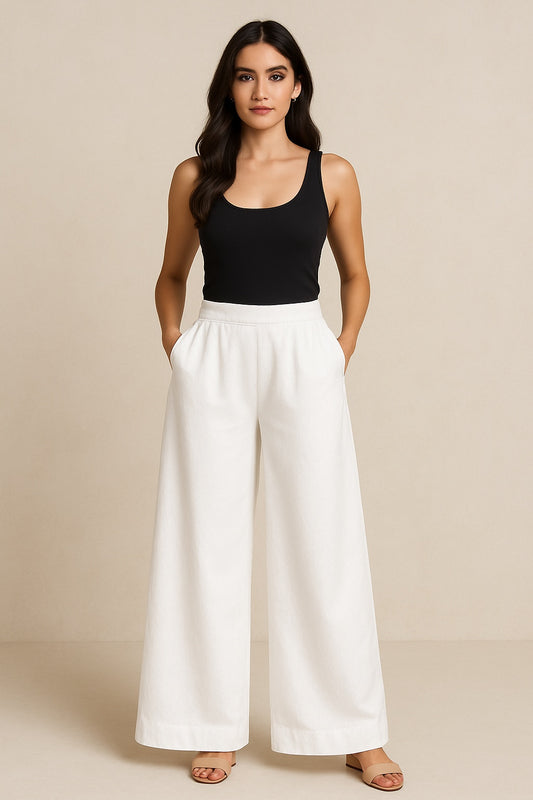 White Cotton Flared Pants with Pockets