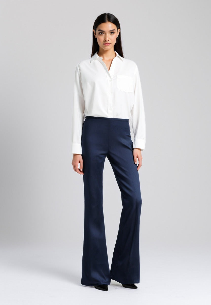 Blue Cotton Flared Pants with Pockets